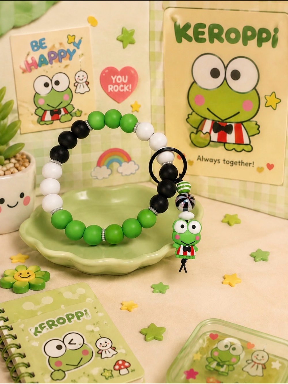 Handmade Keroppi Green Beaded Wristlet Keychain